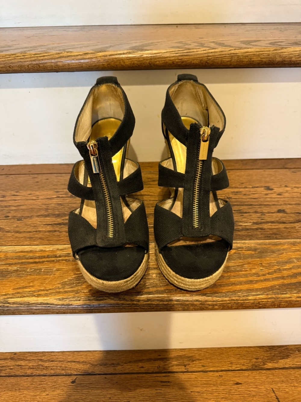 Michael Kors Black Espadrille Wedge Sandals with Gold Zipper